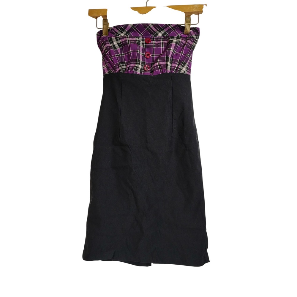 Pyramide Plaid Bustier Dress Black‎ Purple Button Front S Chicos